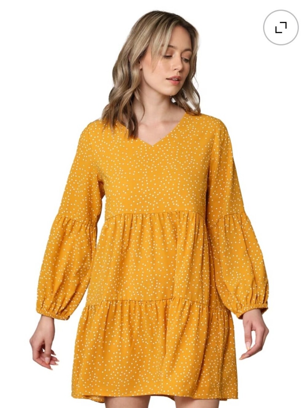 ​Mustard Yellow Polka Dot Tiered Dress 2XL Long Balloon Sleeve V-Neck Boho EUC